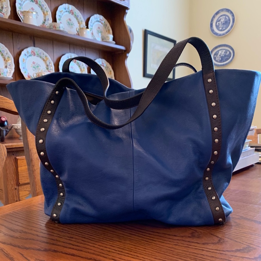 TANO leather bag purse, blue/brown midsize